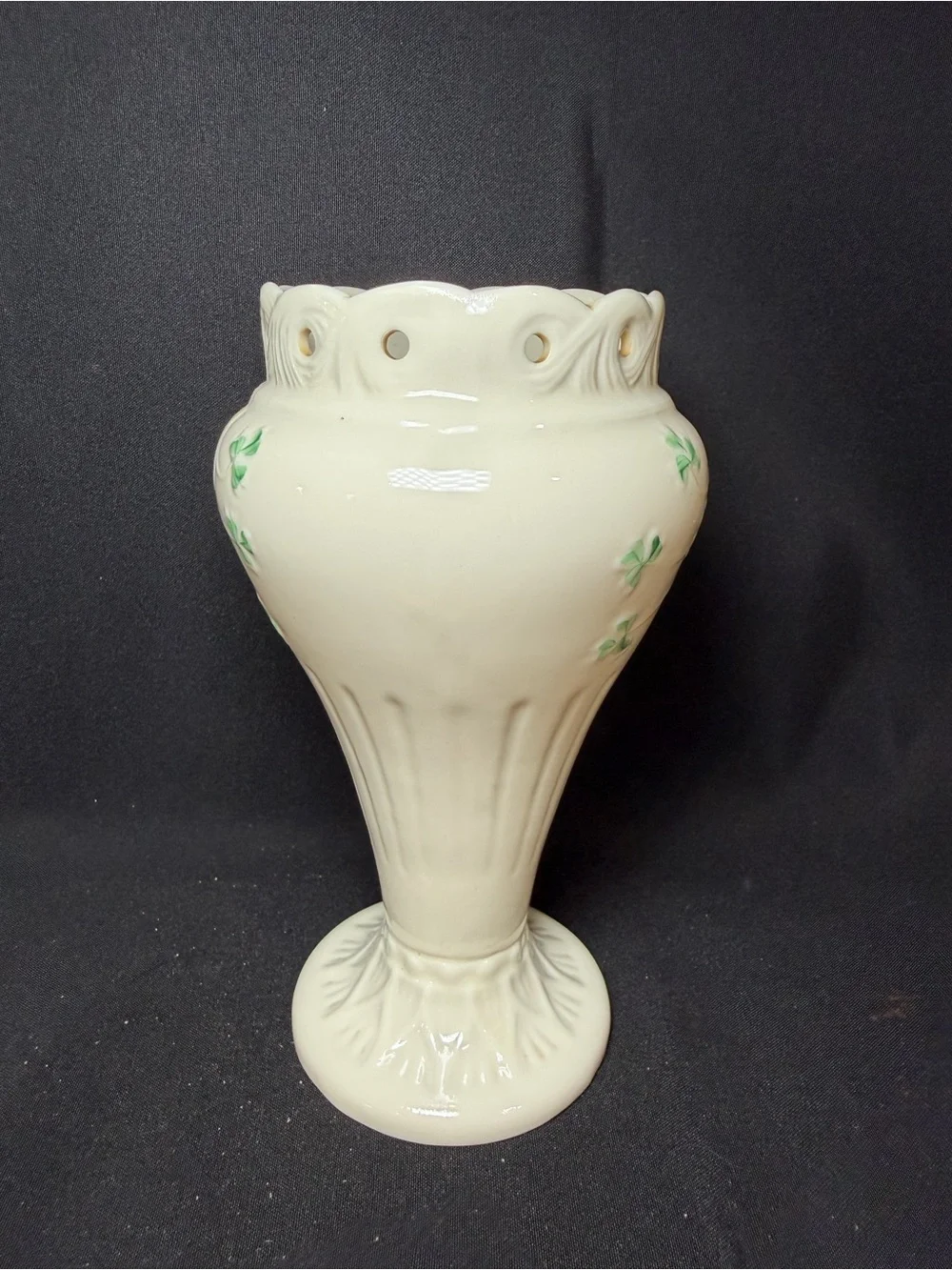 Belleek Shamrock Clover Scalloped Rim Footed Vase Ireland